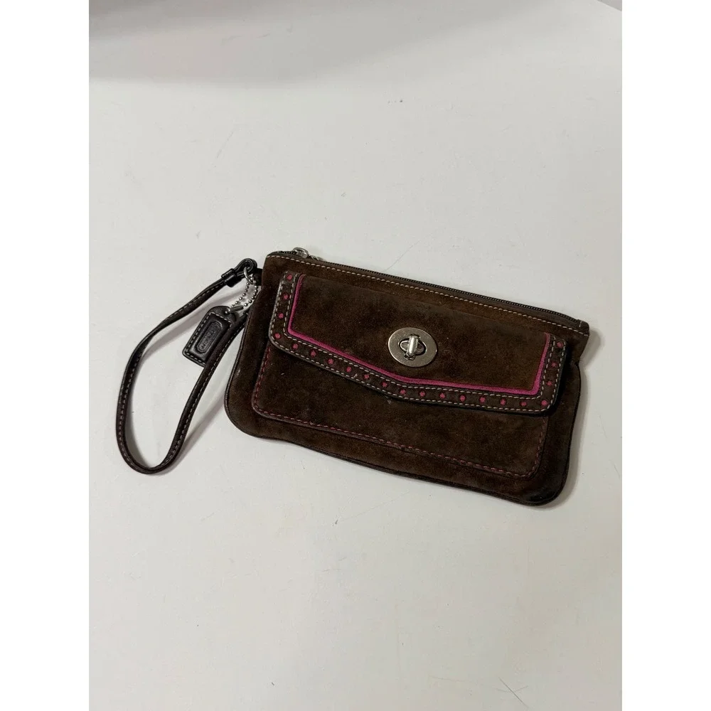 Vintage Coach Brown Suede Pink Trim Turnlock Wristlet Pouch Wallet Bag